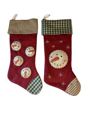 Set Of 2 Christmas Stockings W/ Snowman Faces Red W/ Strip Check 19-Inch #D-51